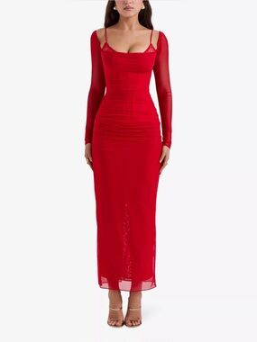 House of CB Katarina corseted stretch-woven maxi dress In Scarlet Size L